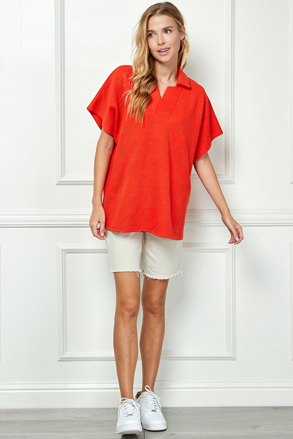 Notch Collar Textured Drop Shoulder Top