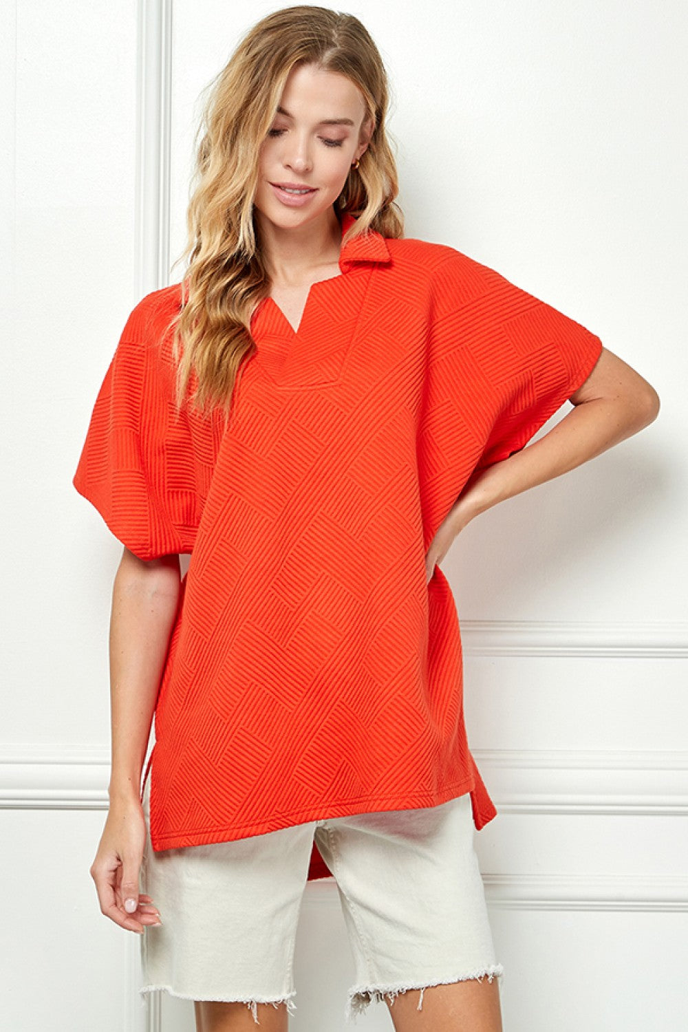 Notch Collar Textured Drop Shoulder Top