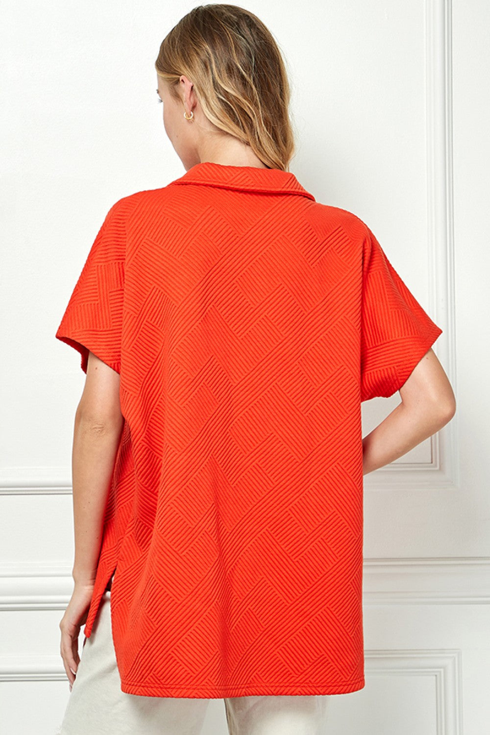 Notch Collar Textured Drop Shoulder Top