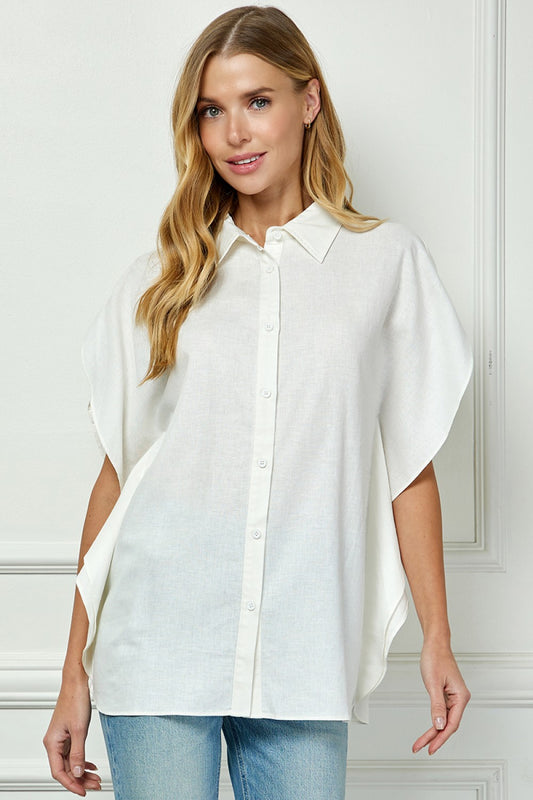 Butterfly Sleeve Linen Blend Button Up Blouse