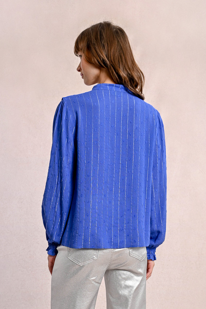 Tunisian Collar Ruffle Accent Button Up Shirt Back View Pizzazz Beloit