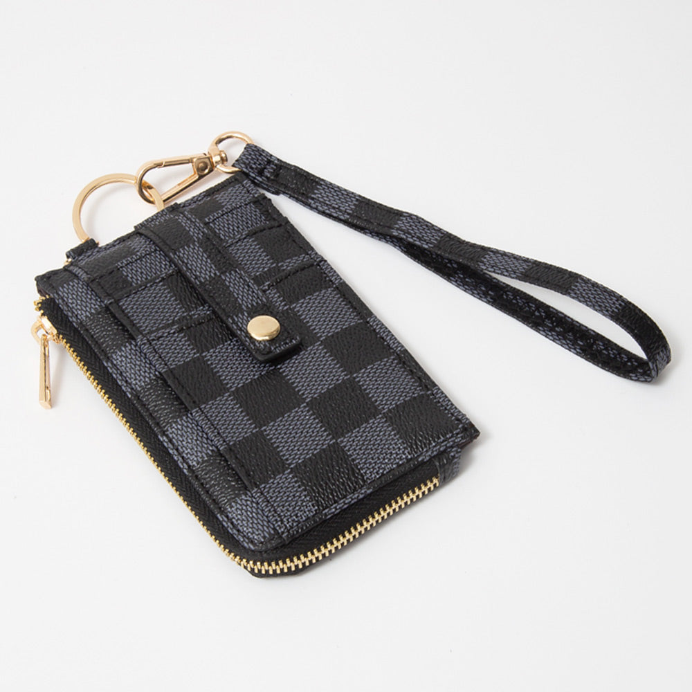 Faux Leather Checkered Flat Card Holder Wallet with Wristlet