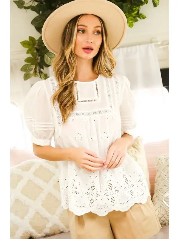 Puff Sleeves Eyelet Cotton Top