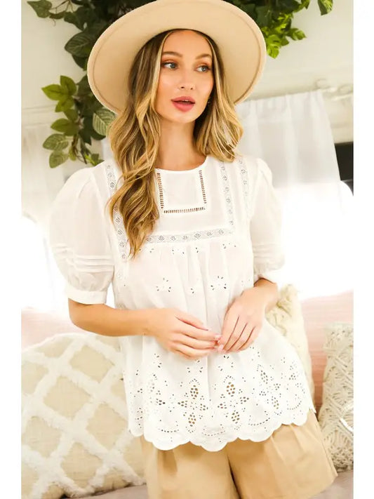 Puff Sleeves Eyelet Cotton Top