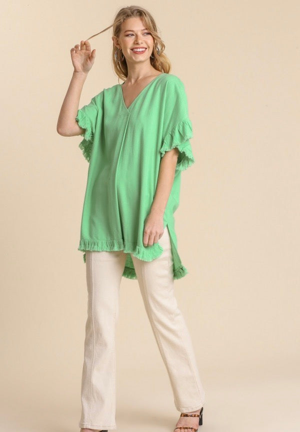 Linen Blend Ruffle Sleeve Tunic Top