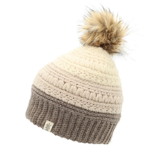 Stripe Flower Fur Pom Pom Hat