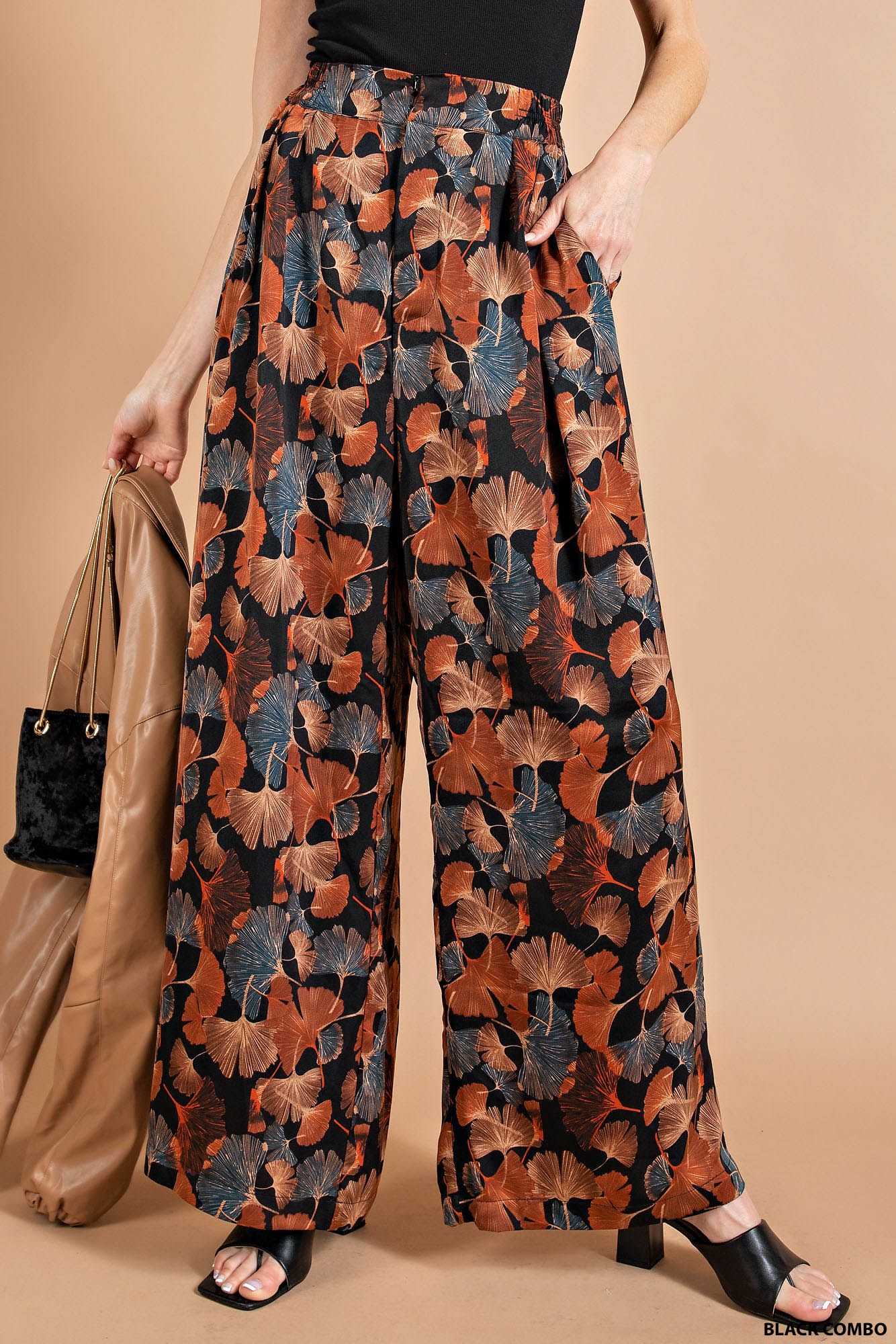 Soft Drapey Satin Ginkgo Printed Palazzo Pants