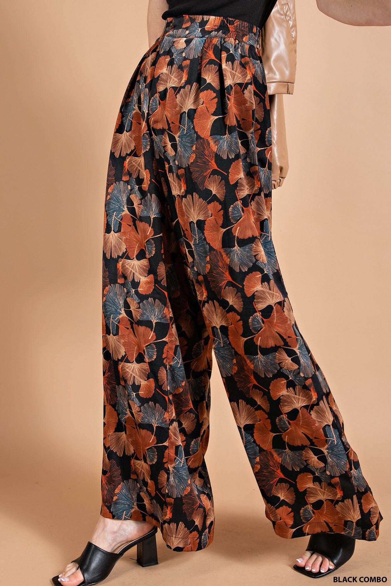 Soft Drapey Satin Ginkgo Printed Palazzo Pants