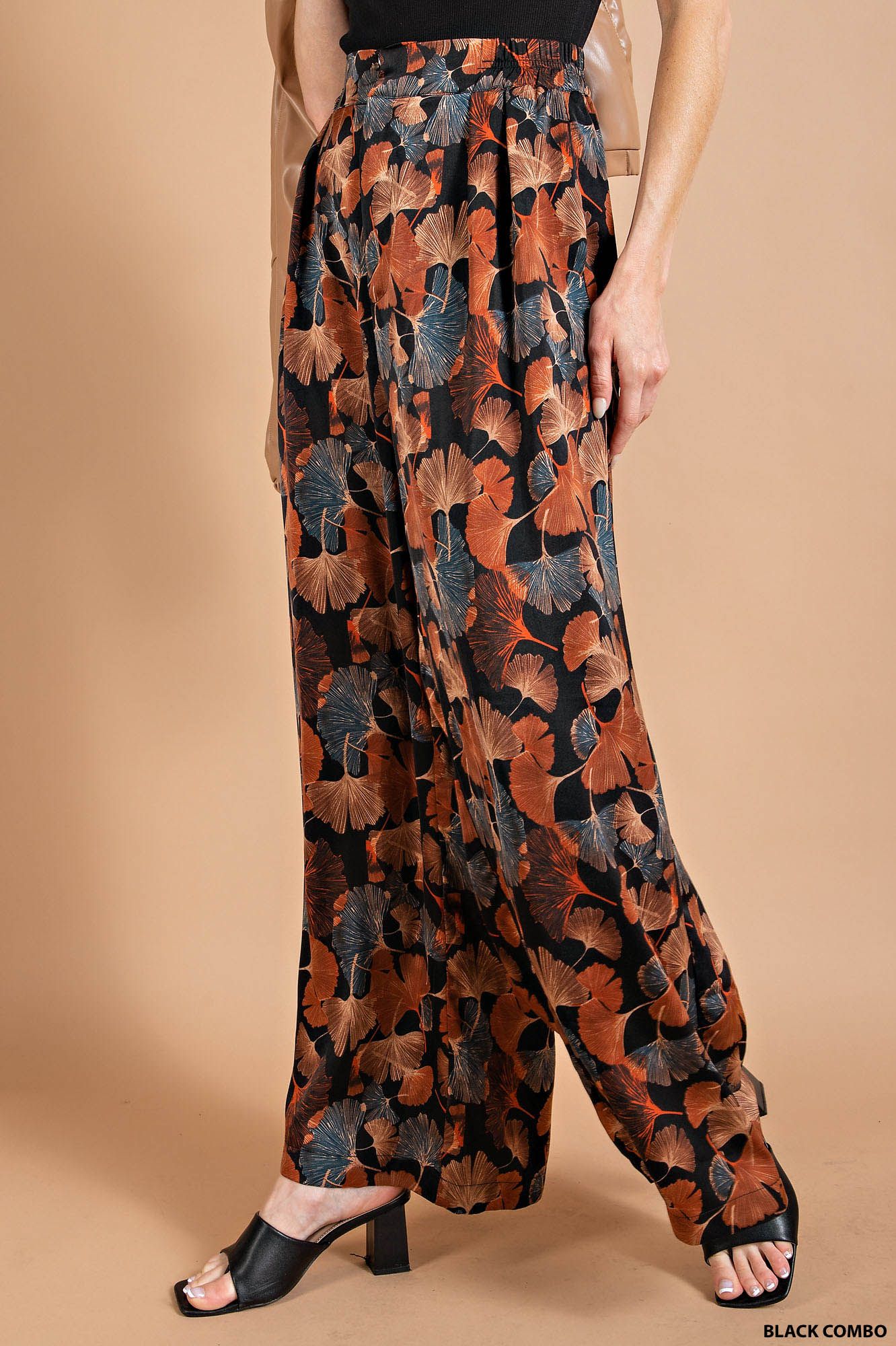 Soft Drapey Satin Ginkgo Printed Palazzo Pants