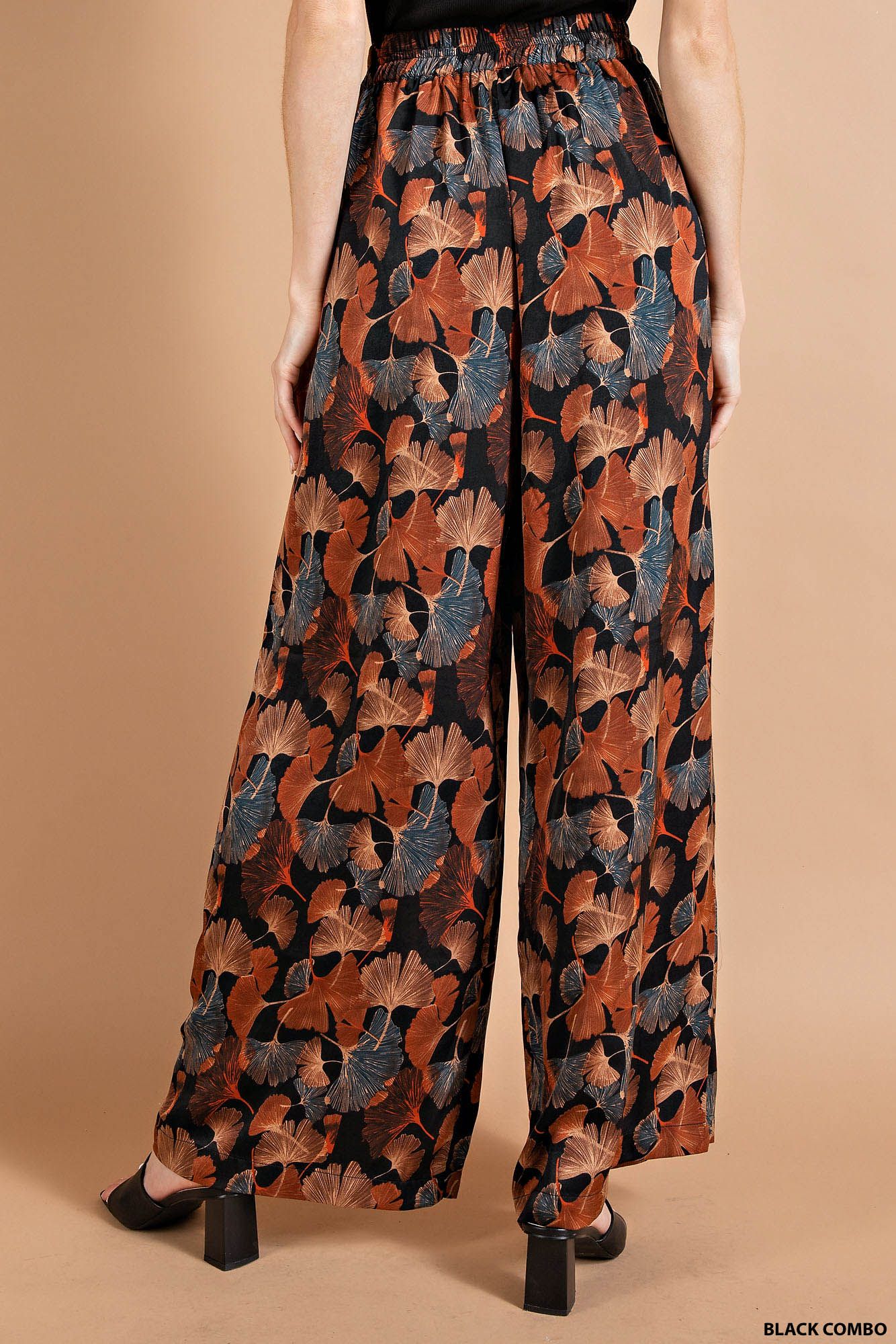 Soft Drapey Satin Ginkgo Printed Palazzo Pants