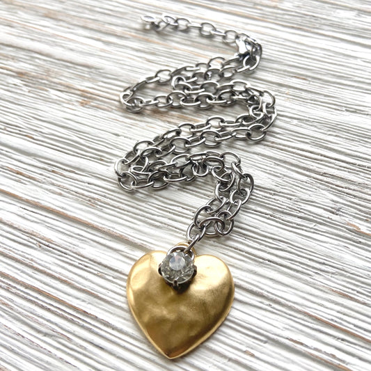 Hammered Heart Mixed Metal Artisan Handmade Boutique Necklace