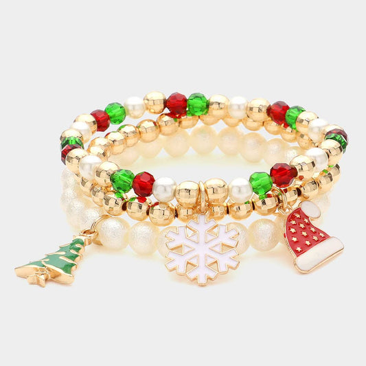 Enamel Christmas Charm Beaded Stretch Multi Bracelets