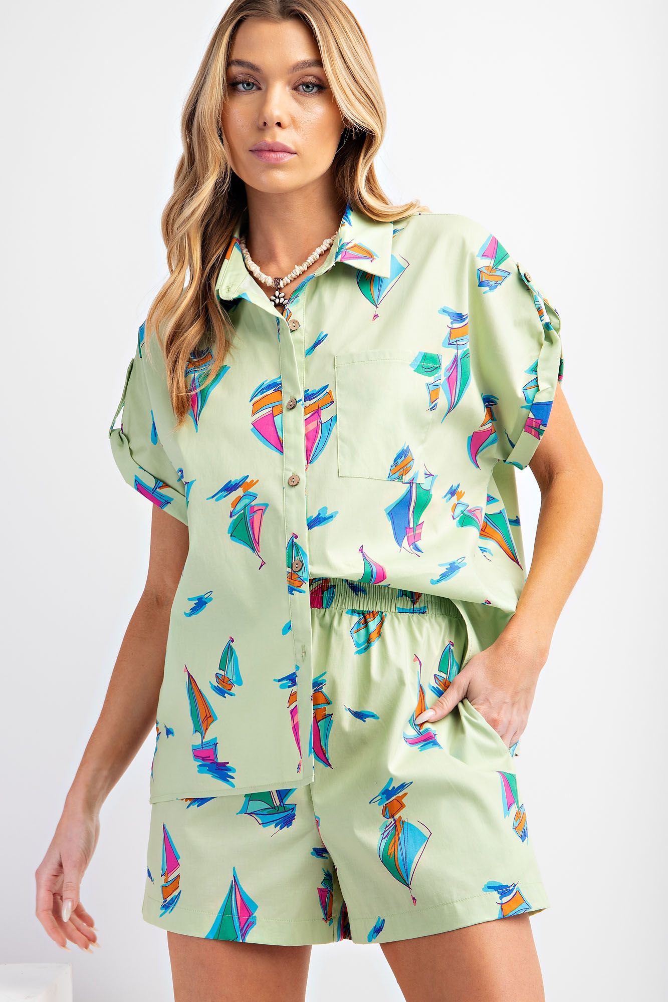 Sailboat Print Cotton Poplin Top