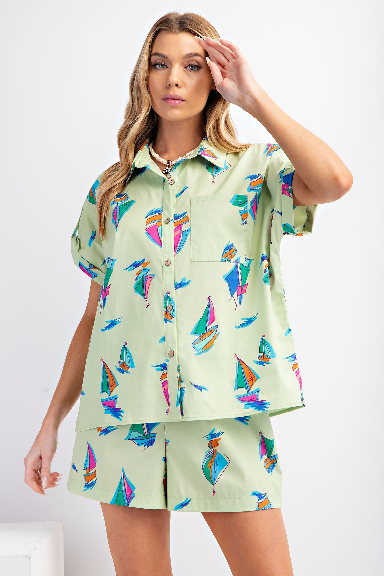 Sailboat Print Cotton Poplin Top