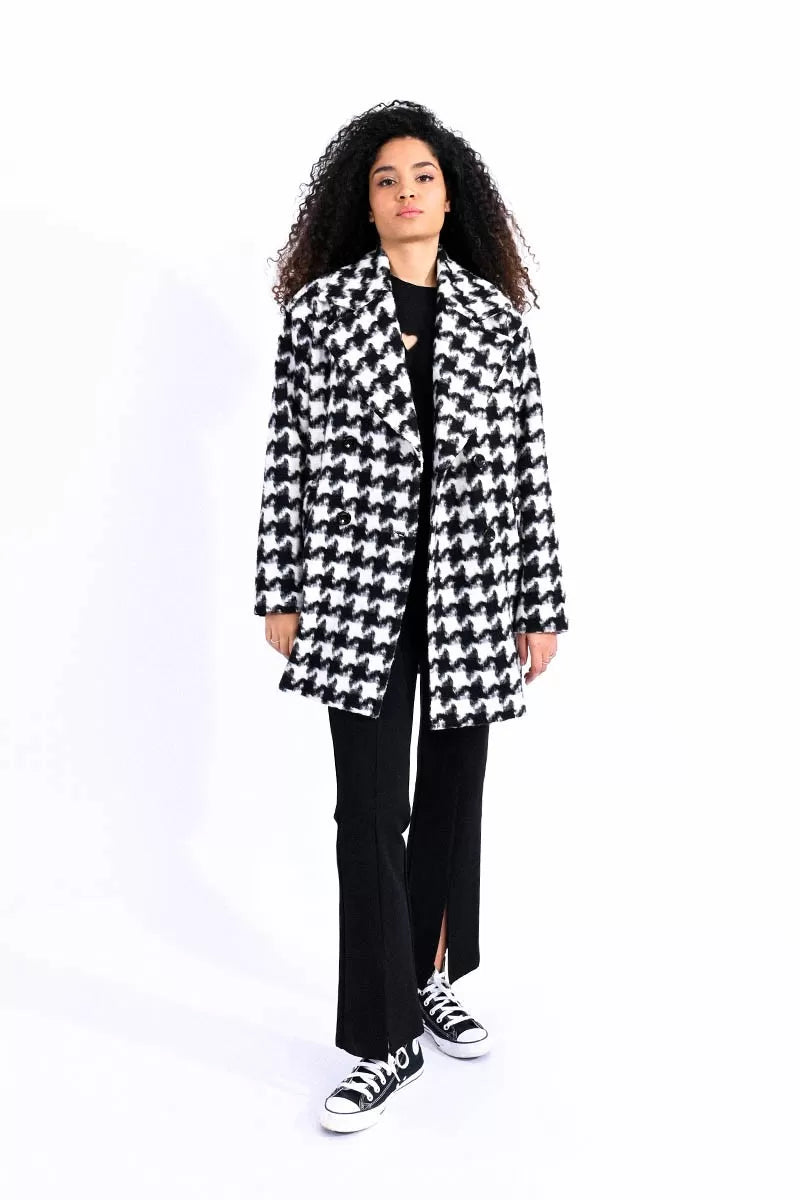 Double-Breasted Houndstooth Caban Coat
