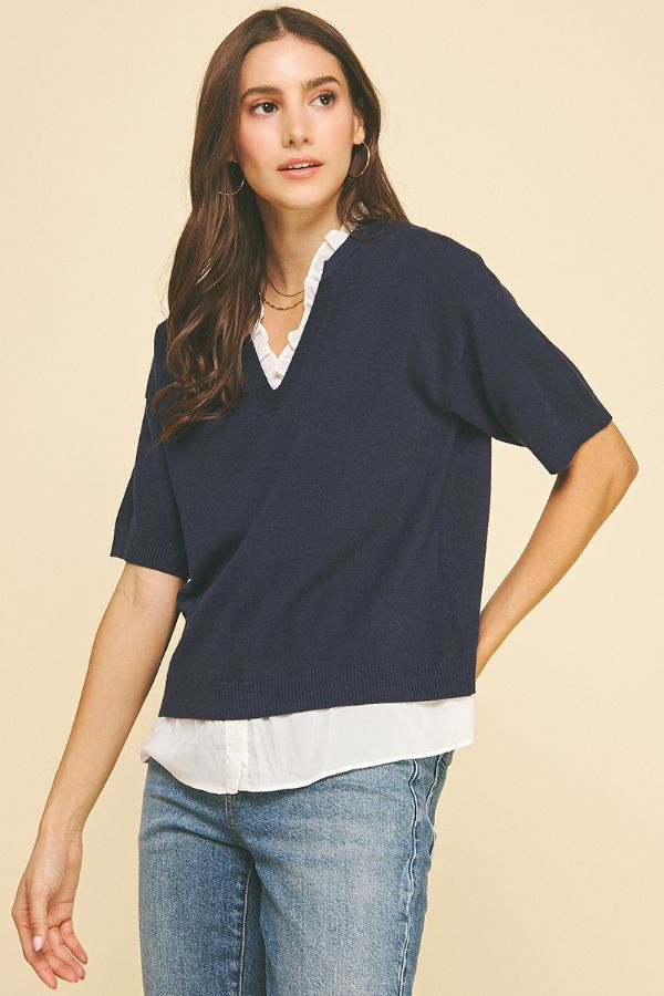 Navy & Nice Mixed Media Knit Top