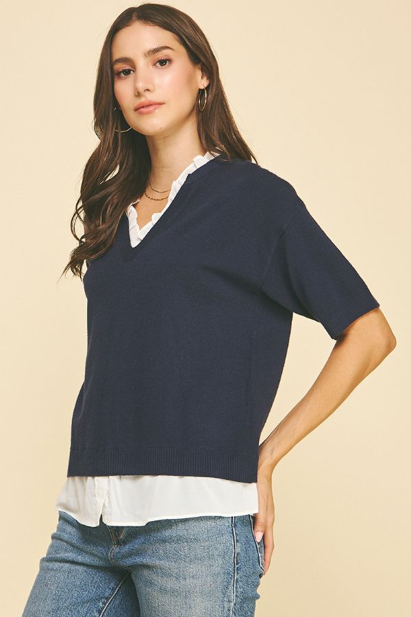Navy & Nice Mixed Media Knit Top