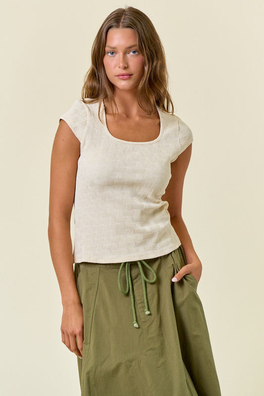Square Neck Textured Knit Cap Sleeve Top