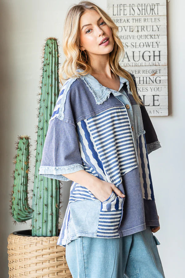 Mixed Feelings Mineral Washed Mixed Fabric Top