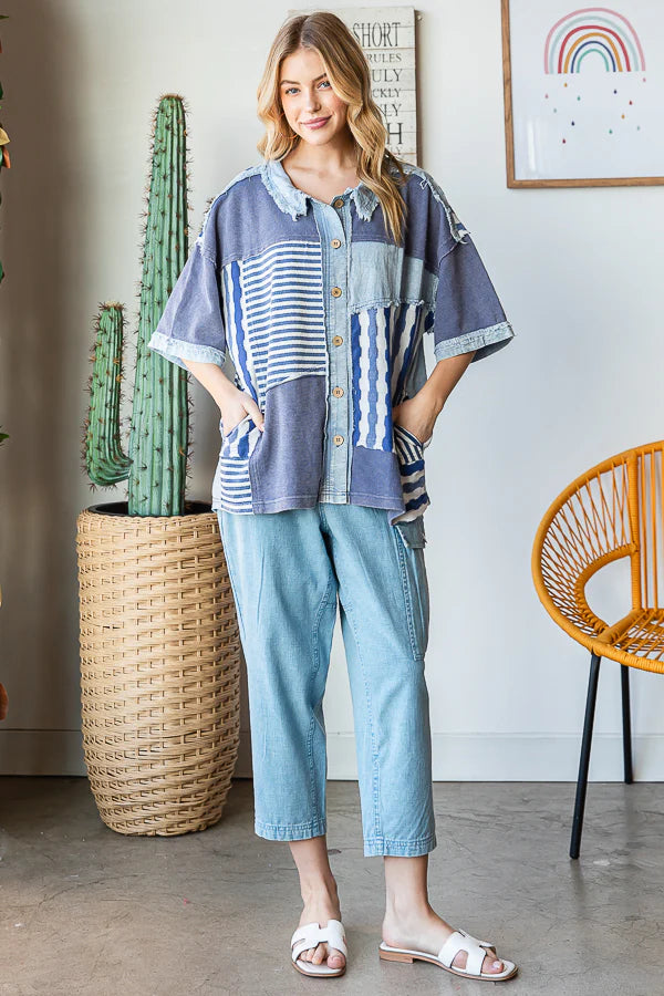 Mixed Feelings Mineral Washed Mixed Fabric Top