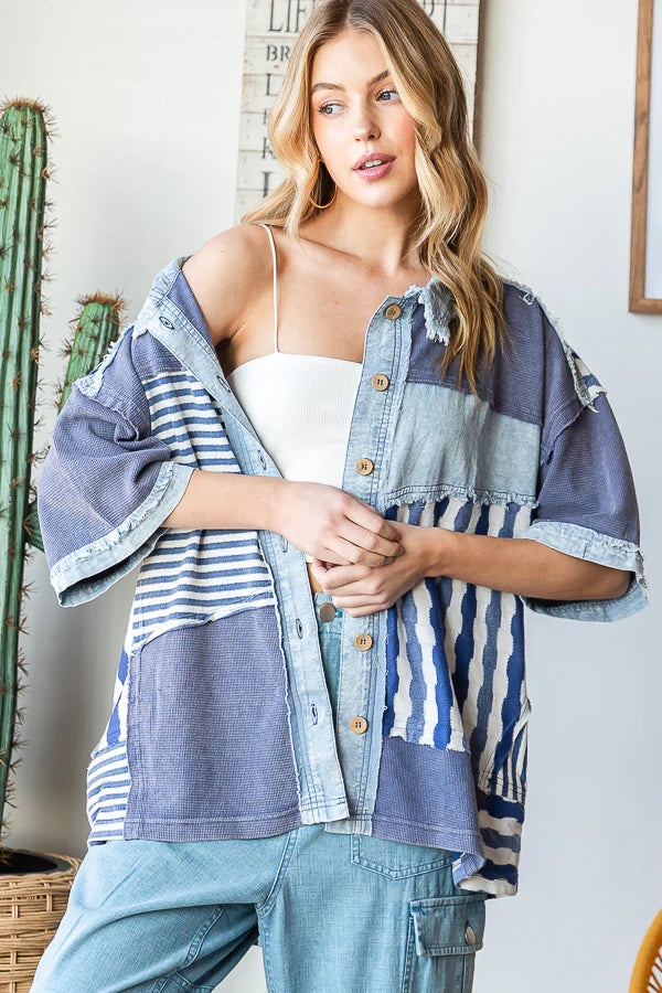 Mixed Feelings Mineral Washed Mixed Fabric Top