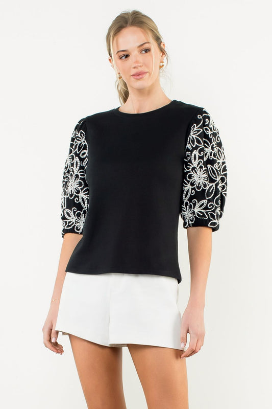 Midnight Bloom Puff Sleeve Knit Top