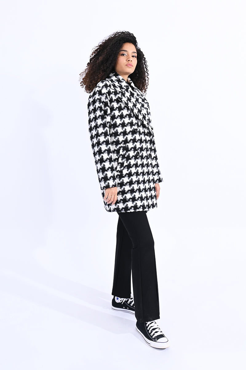 Double-Breasted Houndstooth Caban Coat