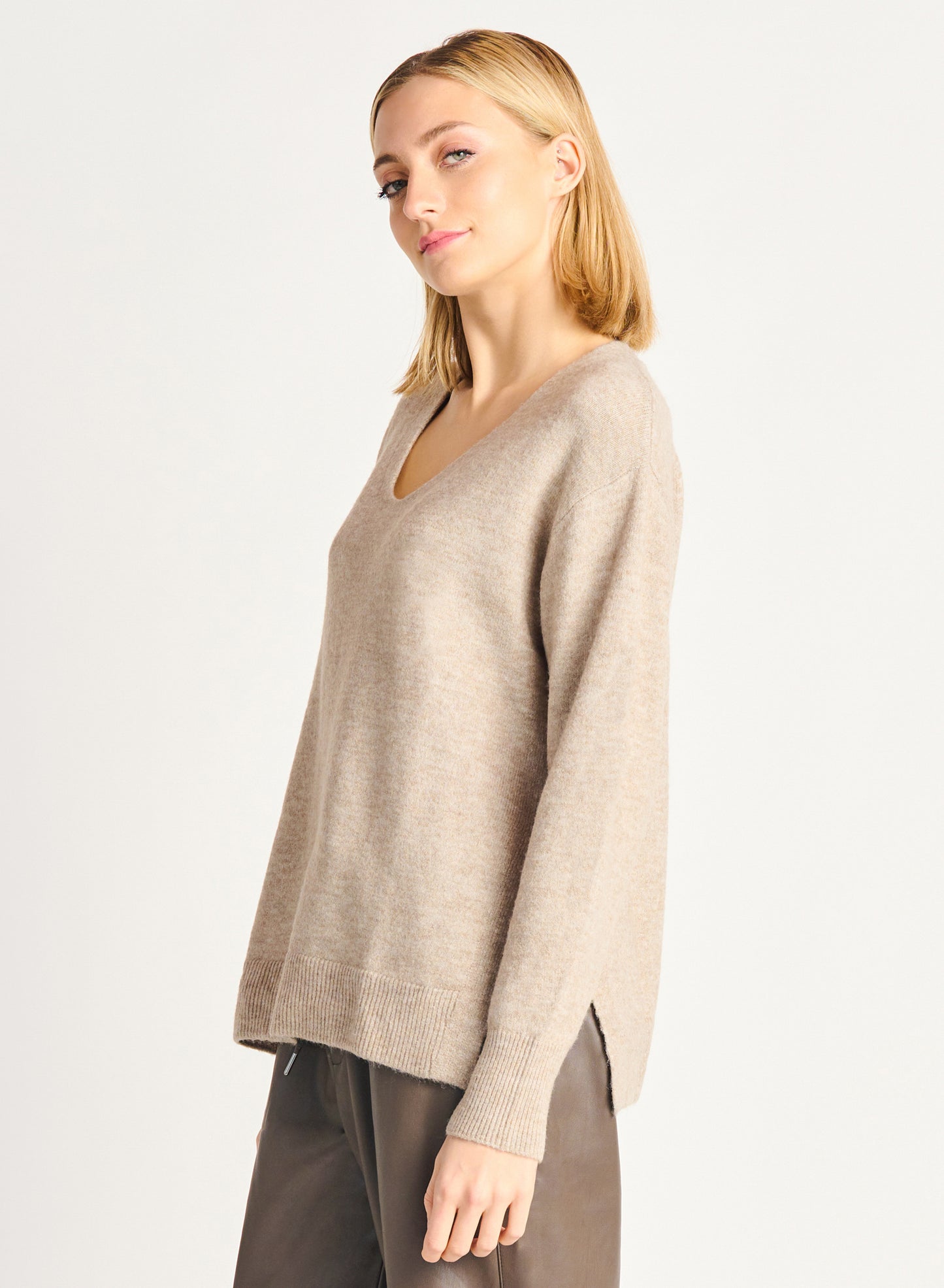 Taupe Melange Split Hem Sweater