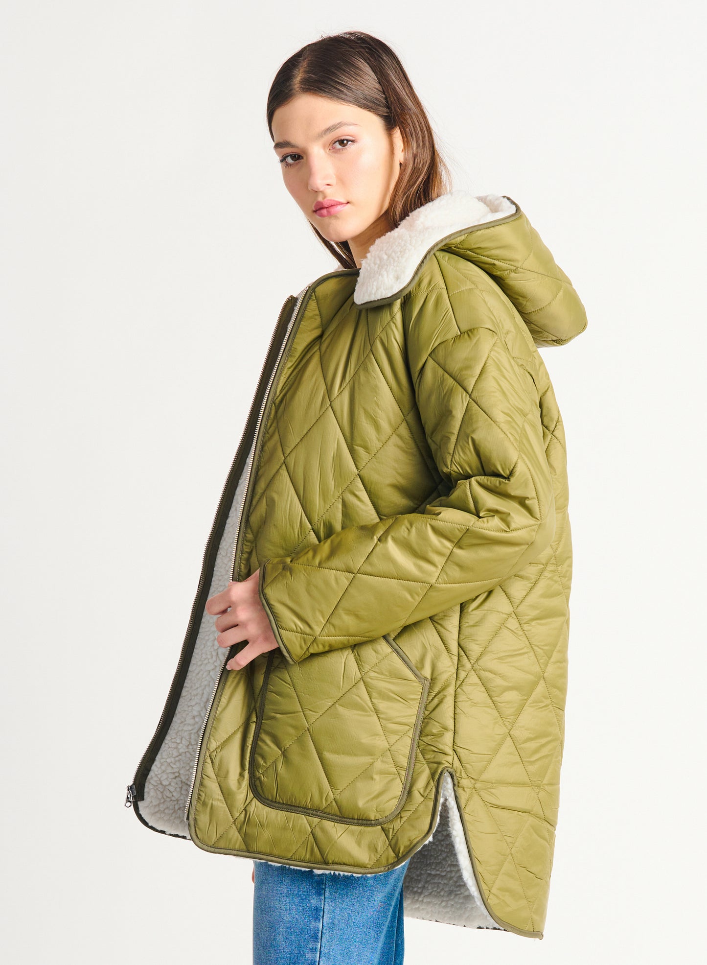 Olive Green Sherpa Lined Quilted Jacket