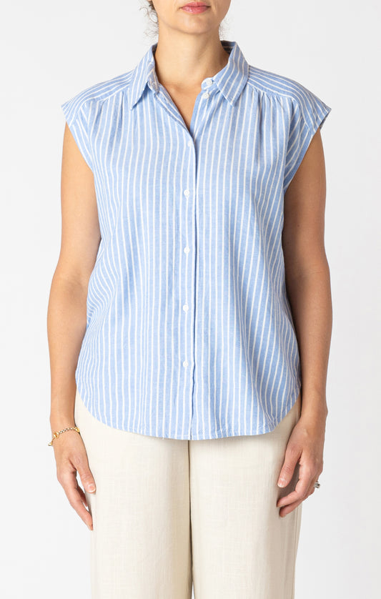 Chambray Cap Sleeve Collared Button Up Shirt