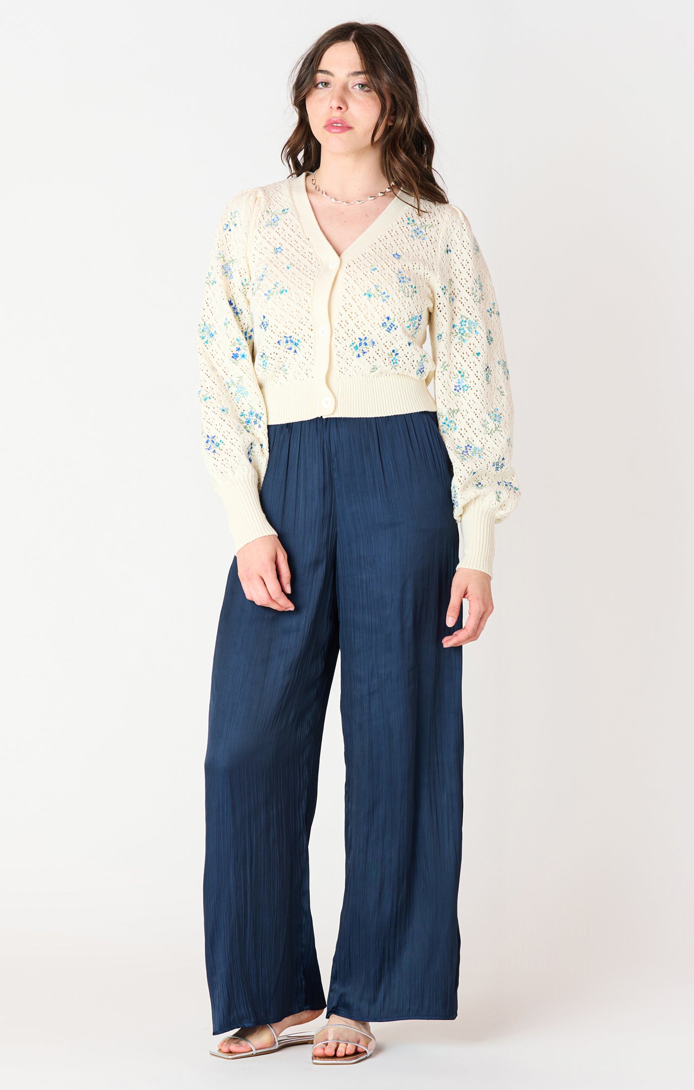 Blue Floral Pointelle Embroidered Cardigan