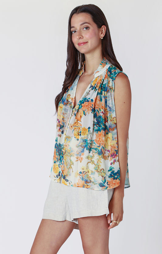Floral Burst Sleeveless Button Front Blouse