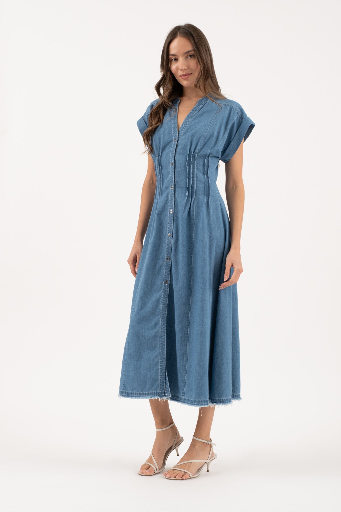 Pin Tucked Short Sleeve Denim Dress