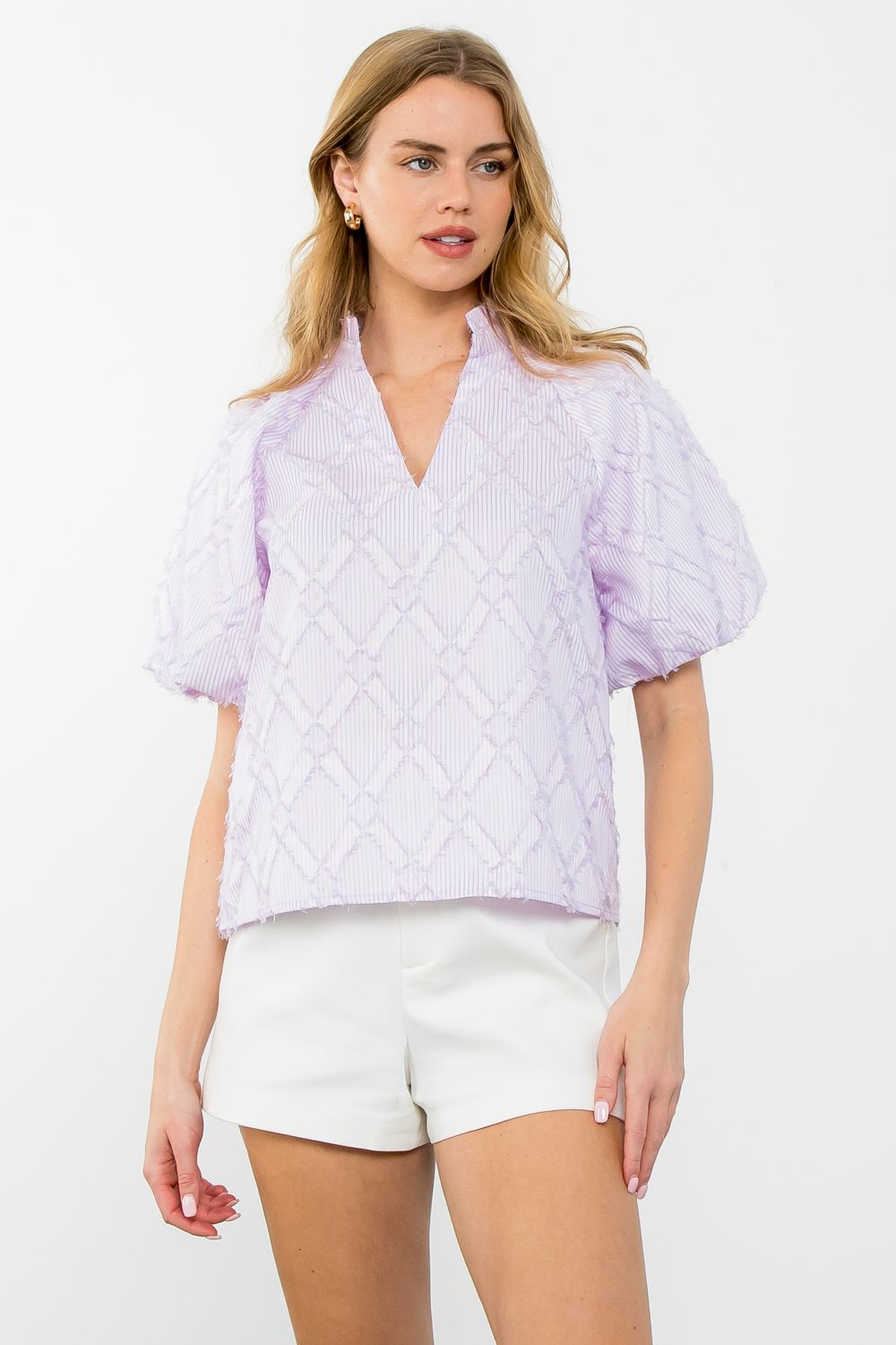 Lilac Puff Sleeve Striped Fringe Top