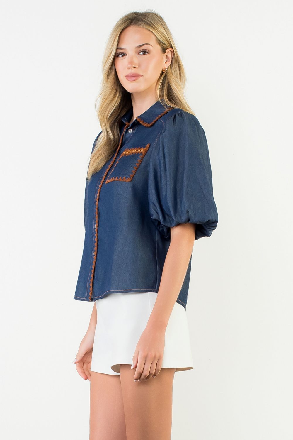 Stitched in Style Puff Sleeve Denim Top