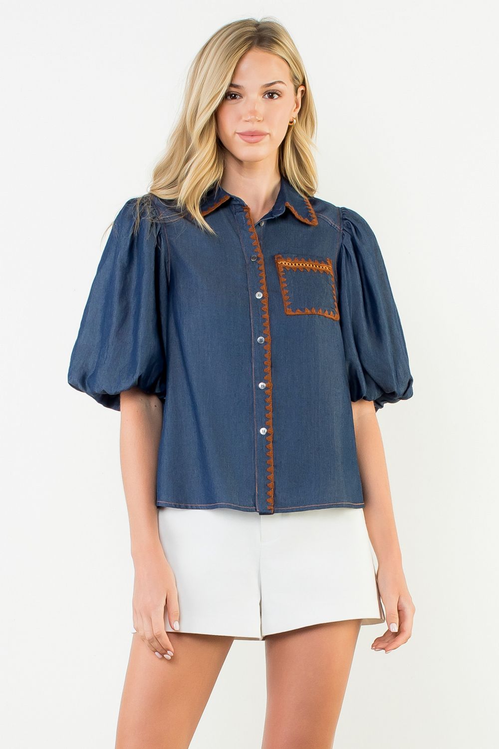 Stitched in Style Puff Sleeve Denim Top