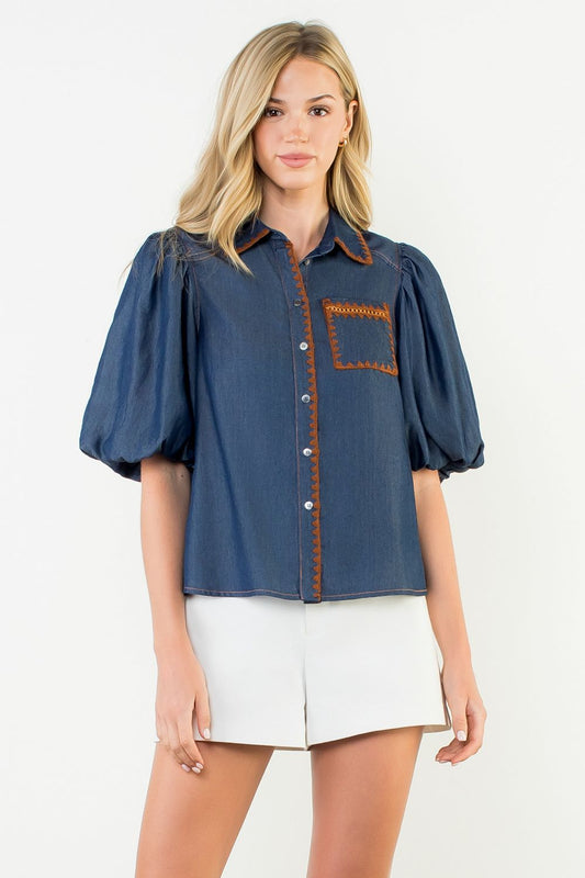 Stitched in Style Puff Sleeve Denim Top