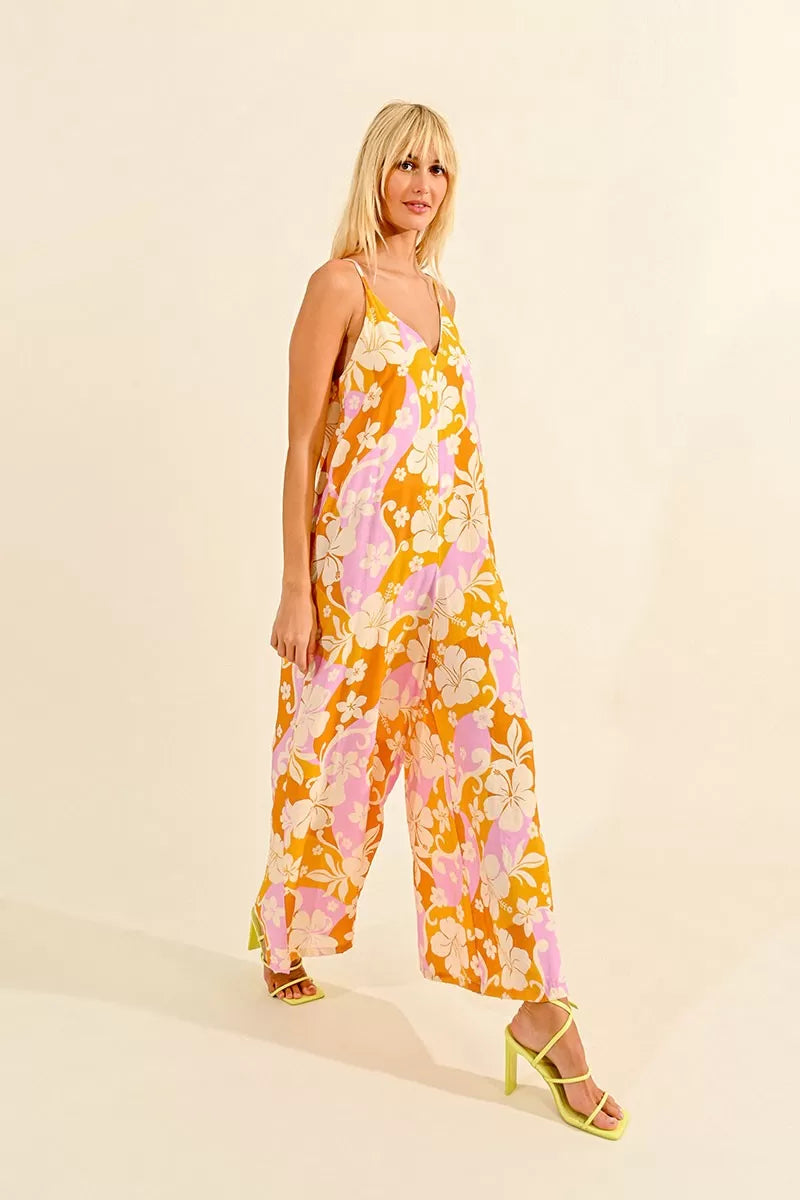 Tropical Print Wide Leg Jumpsuit