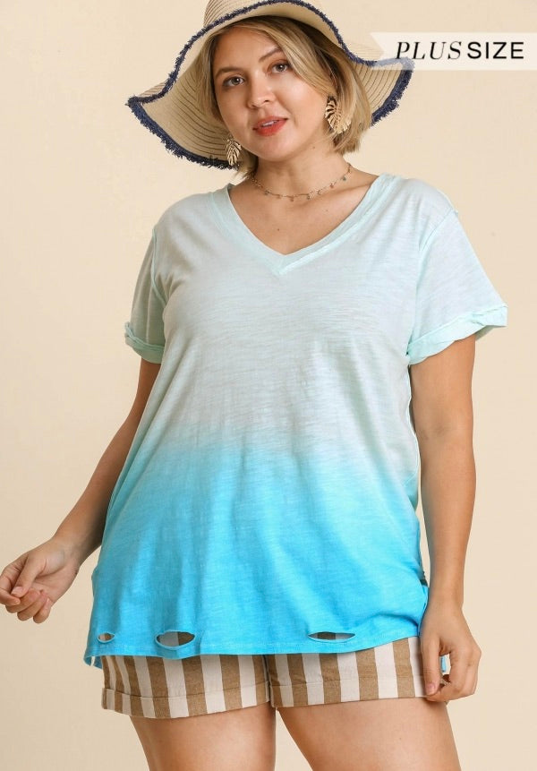Gathered Dip Dye Distressed V-Neck T-Shirt