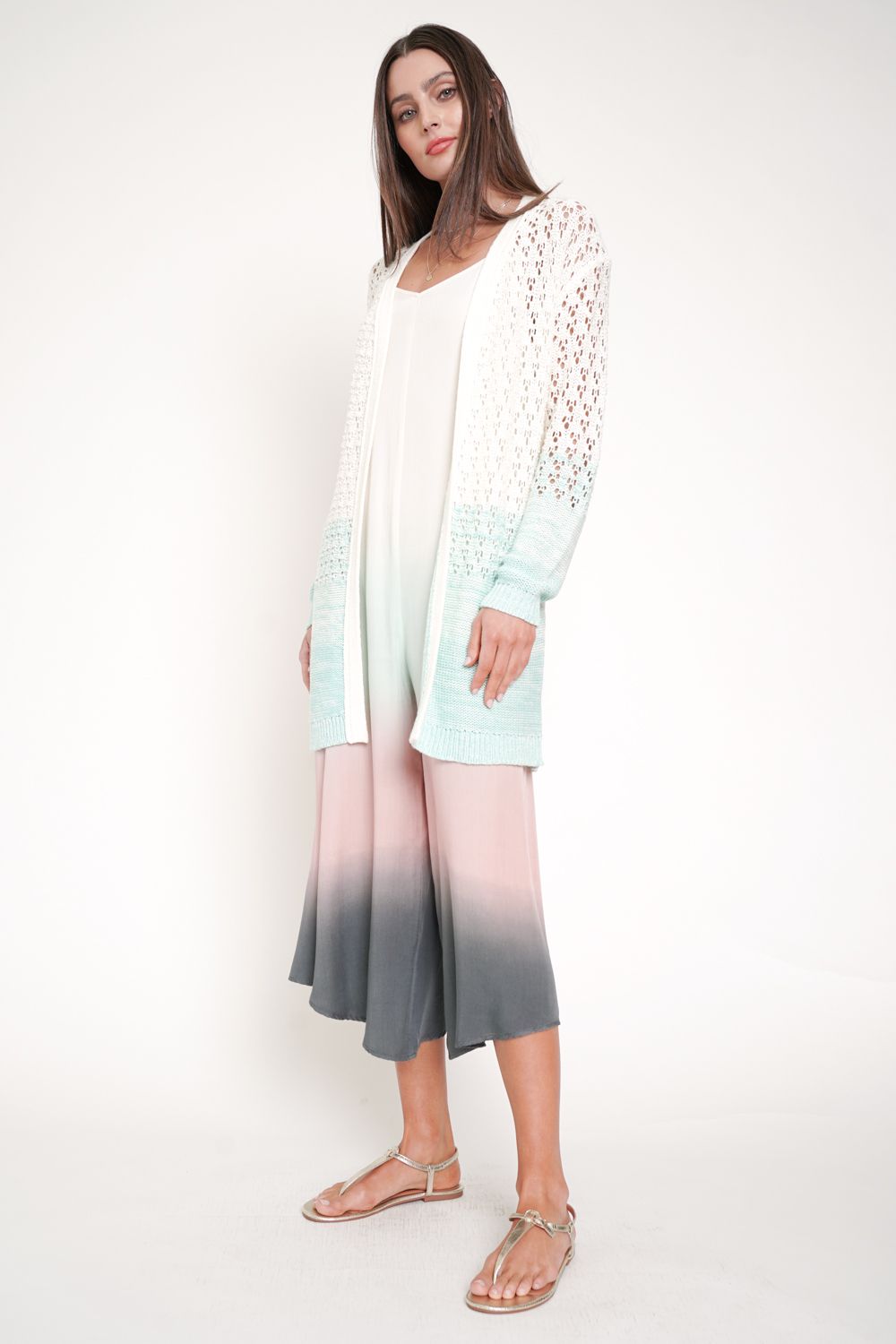 Ombre Bottom Loose Weave Open Cardigan