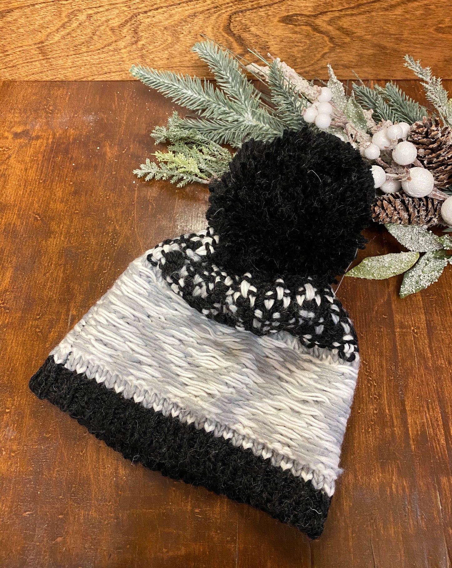 Black & Gray Wool Blend Hand Knit Hat