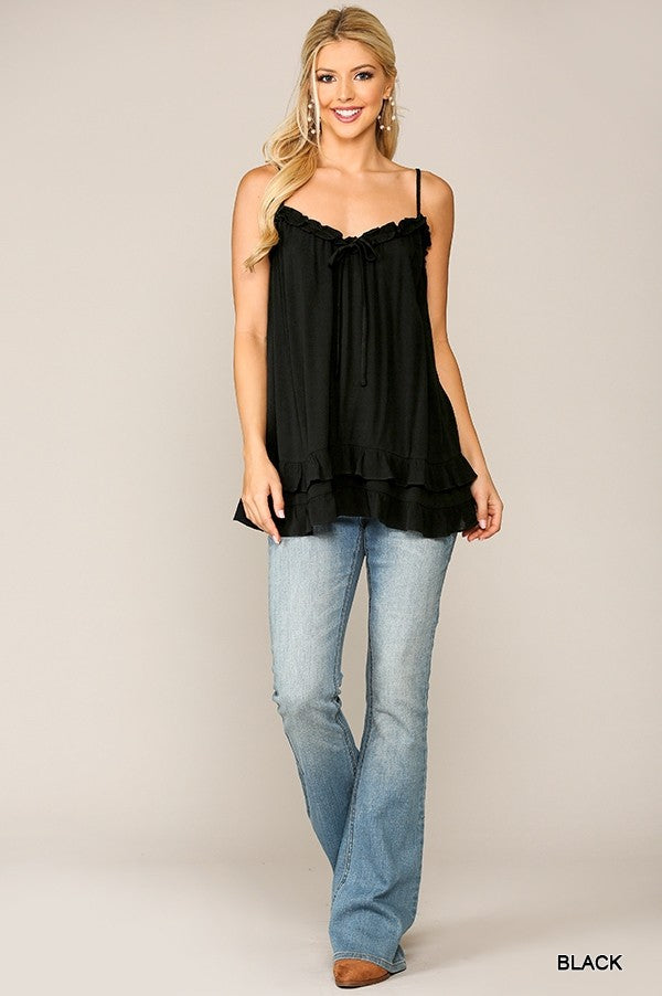 Double Layered Hem Ruffled Cami Top with Adjustable Straps