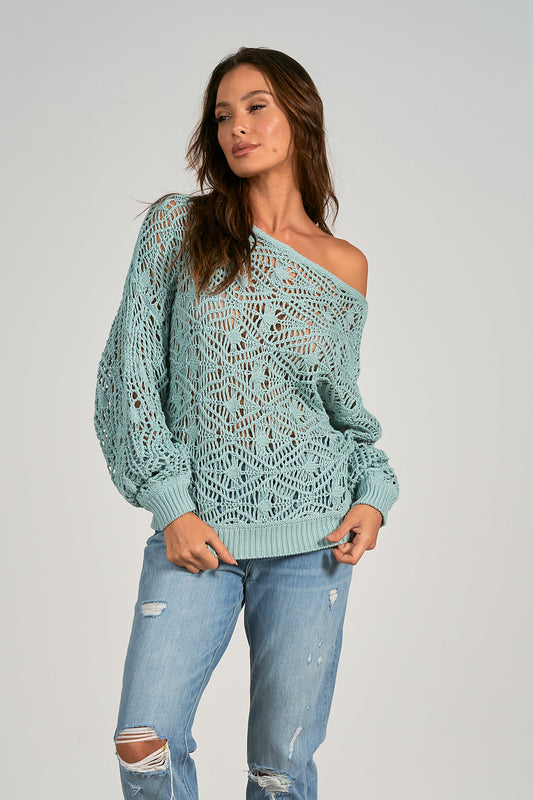 Spa Blue Slouchy Crochet Sweater