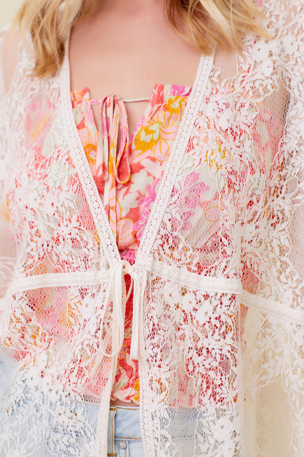 Lace Mix Waist Tie Open Kimono