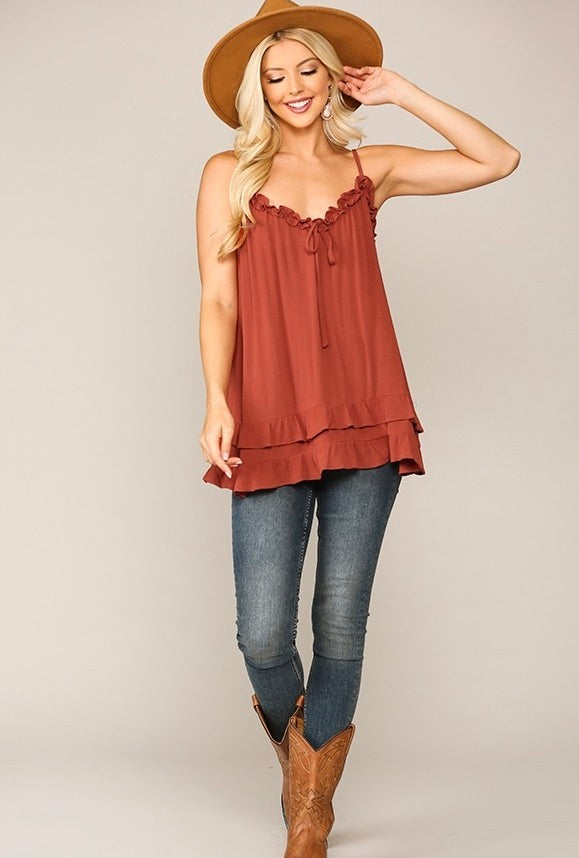 Double Layered Hem Ruffled Cami Top with Adjustable Straps