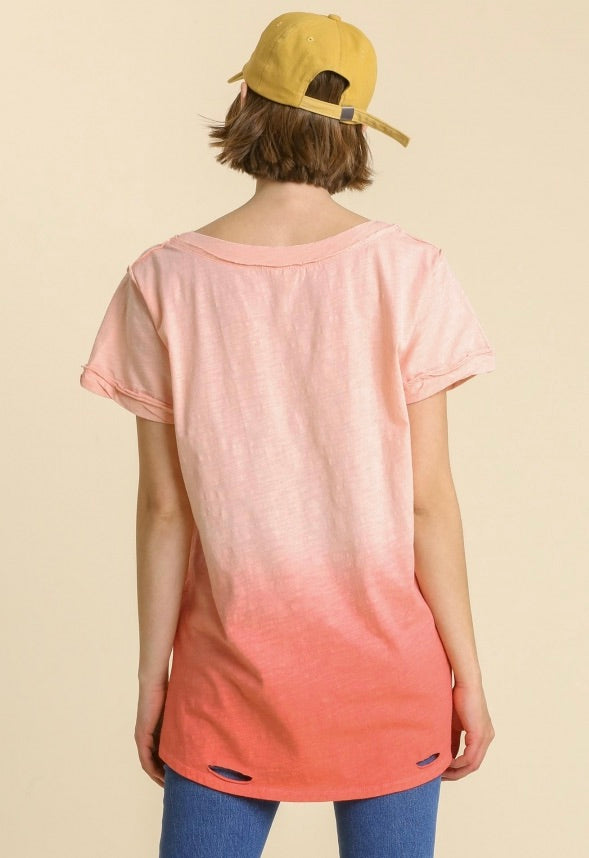 Gathered Dip Dye Distressed V-Neck T-Shirt