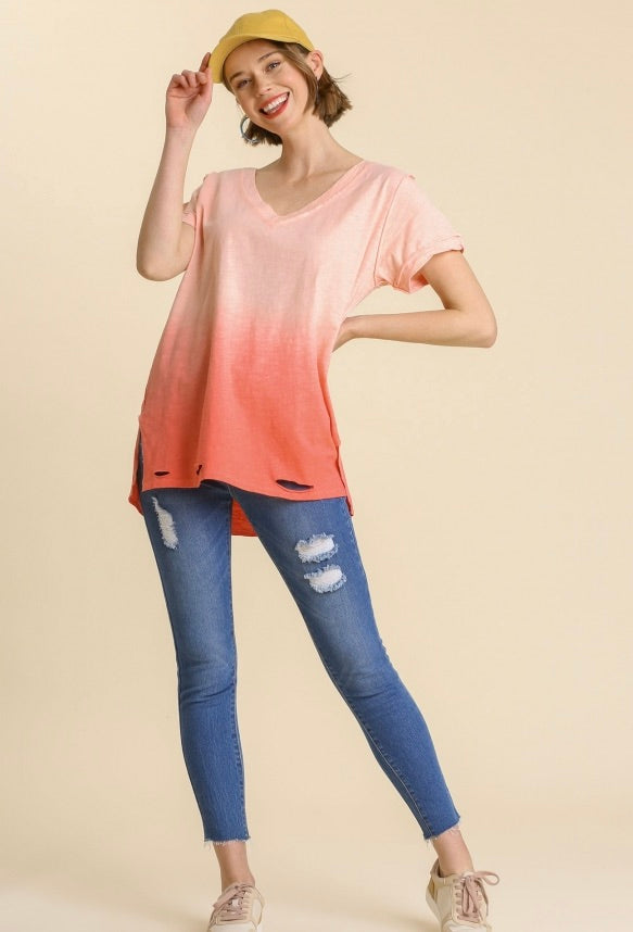Gathered Dip Dye Distressed V-Neck T-Shirt