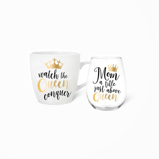 Mom Queen Mug & Wine Glass Set