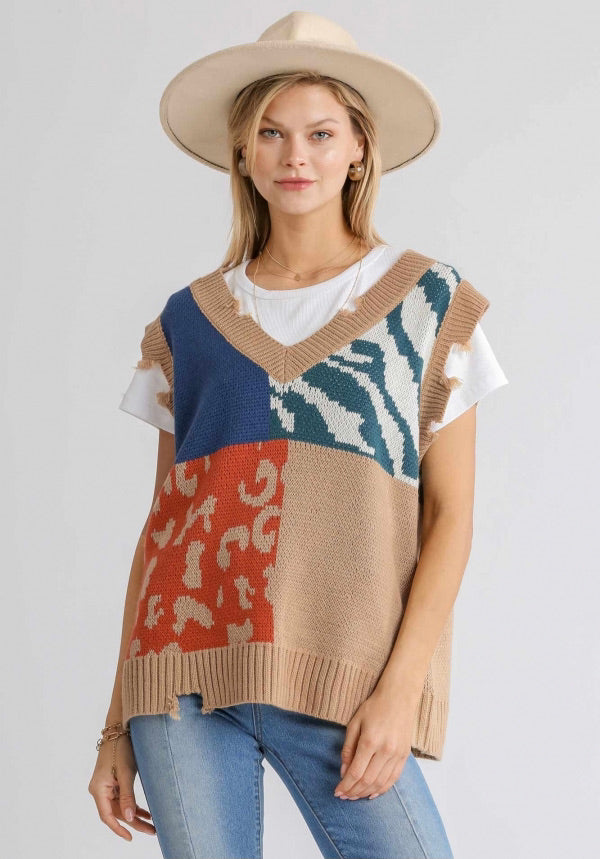 Animal Print V-Neck Sweater Vest