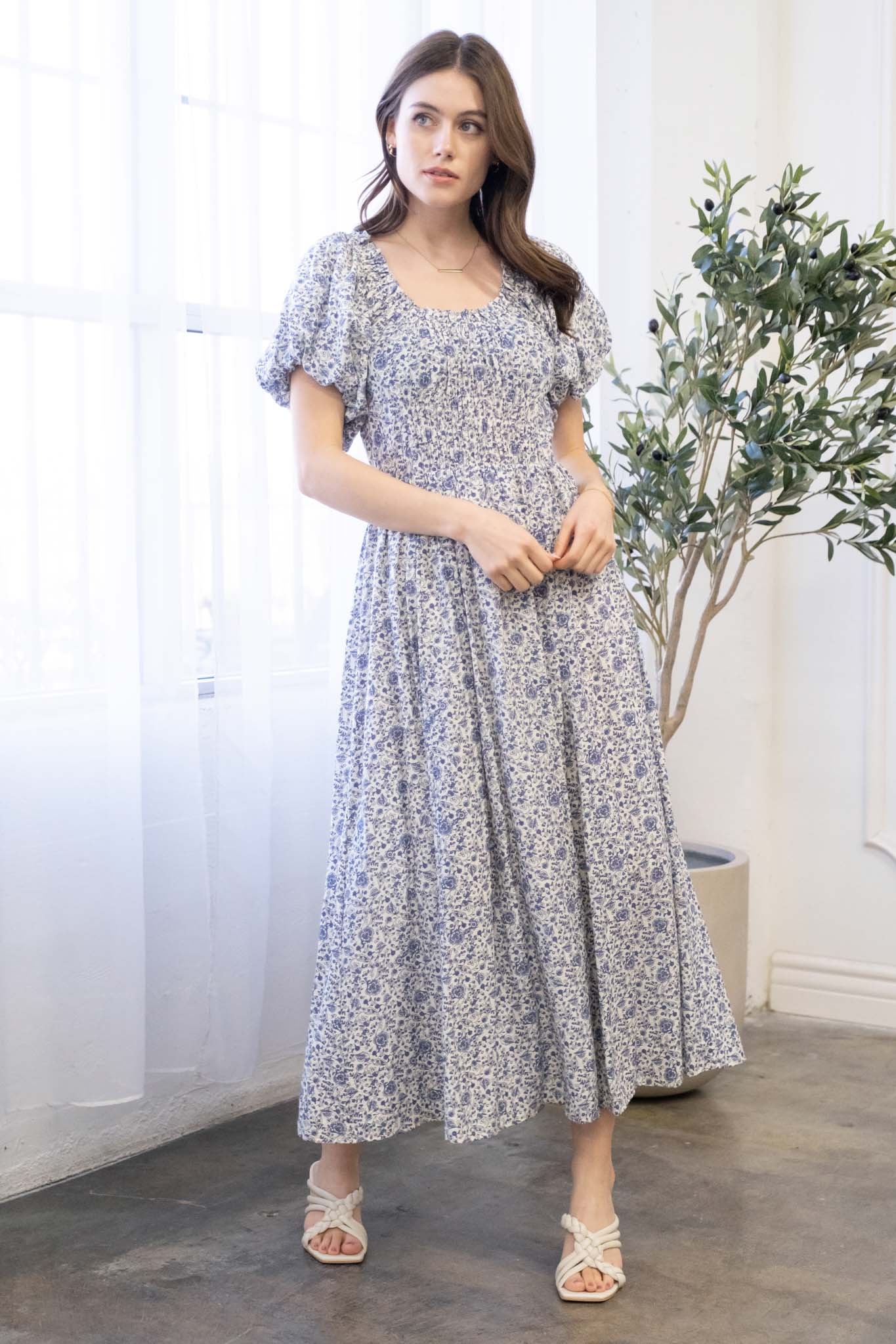 Blue Floral Smocked Maxi Dress
